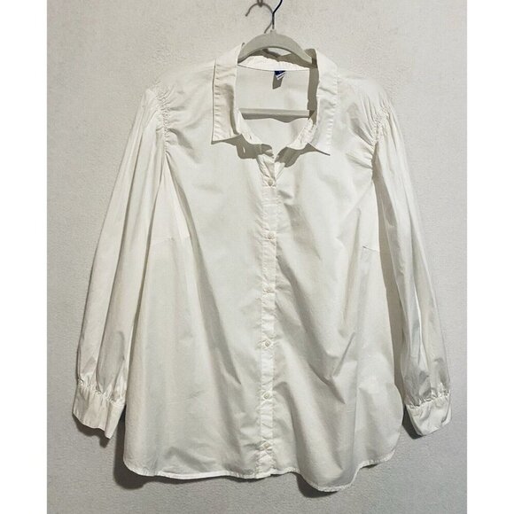 Old Navy Top Womens 3X White Button Up Long Sleeve Smocked Cotton Poplin Classic - Picture 1 of 6